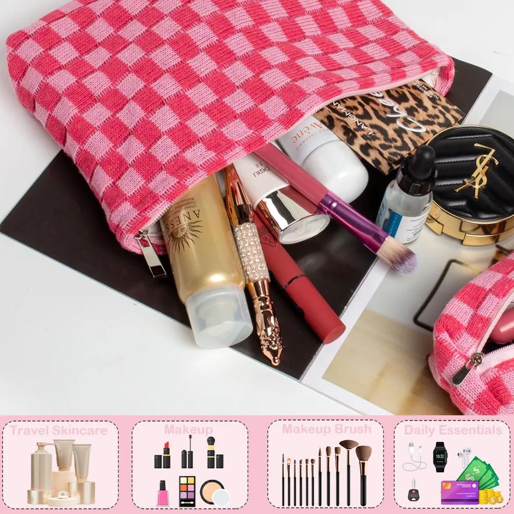 2 Pieces Makeup Bag Set, Small Pink Checkered Cosmetic Bag Travel Toiletry Organizer Mini Cosmetic Pouch Case Makeup Brushes Cute Quilted Aesthetic Accessories Storage Bag for Women