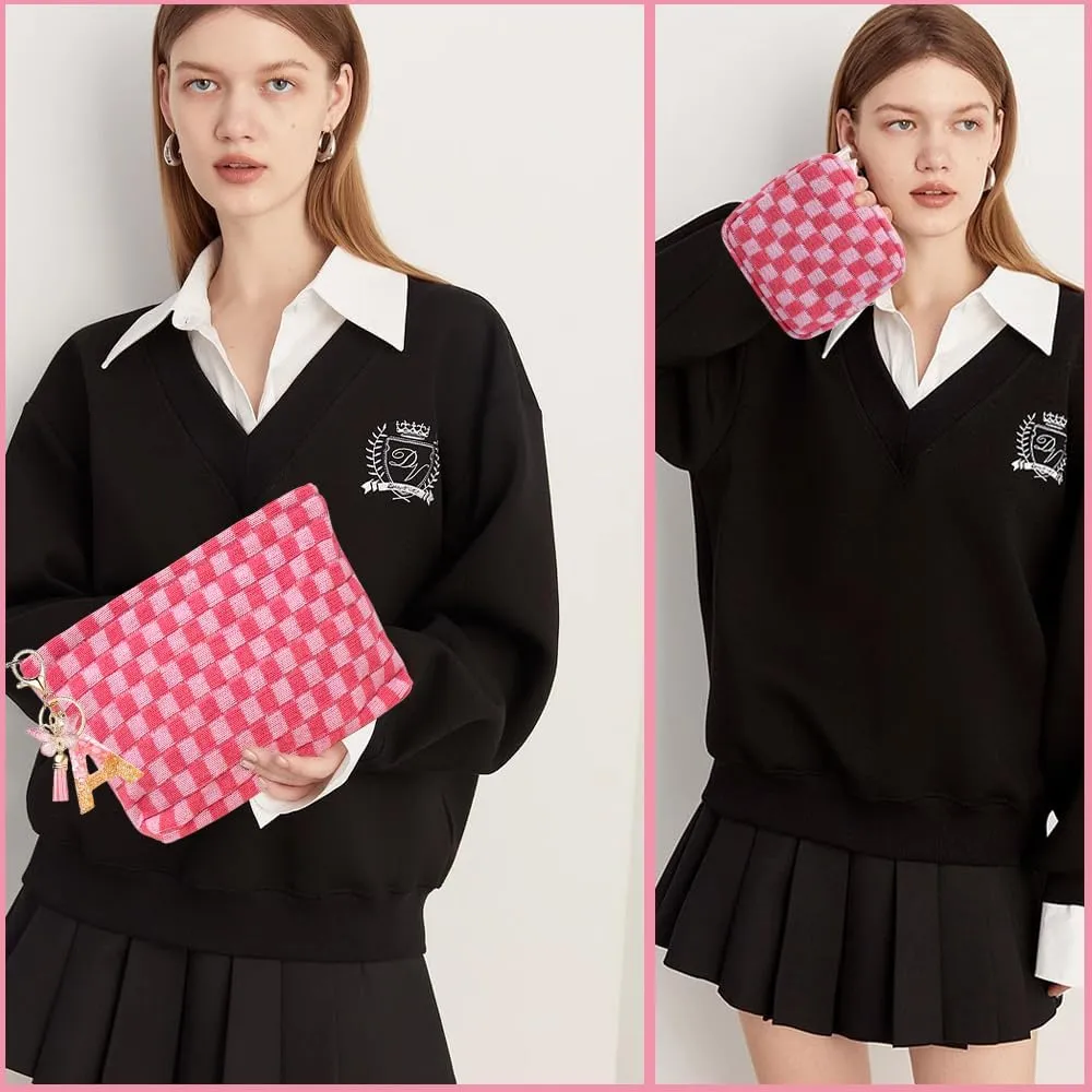 2 Pieces Makeup Bag Set, Small Pink Checkered Cosmetic Bag Travel Toiletry Organizer Mini Cosmetic Pouch Case Makeup Brushes Cute Quilted Aesthetic Accessories Storage Bag for Women