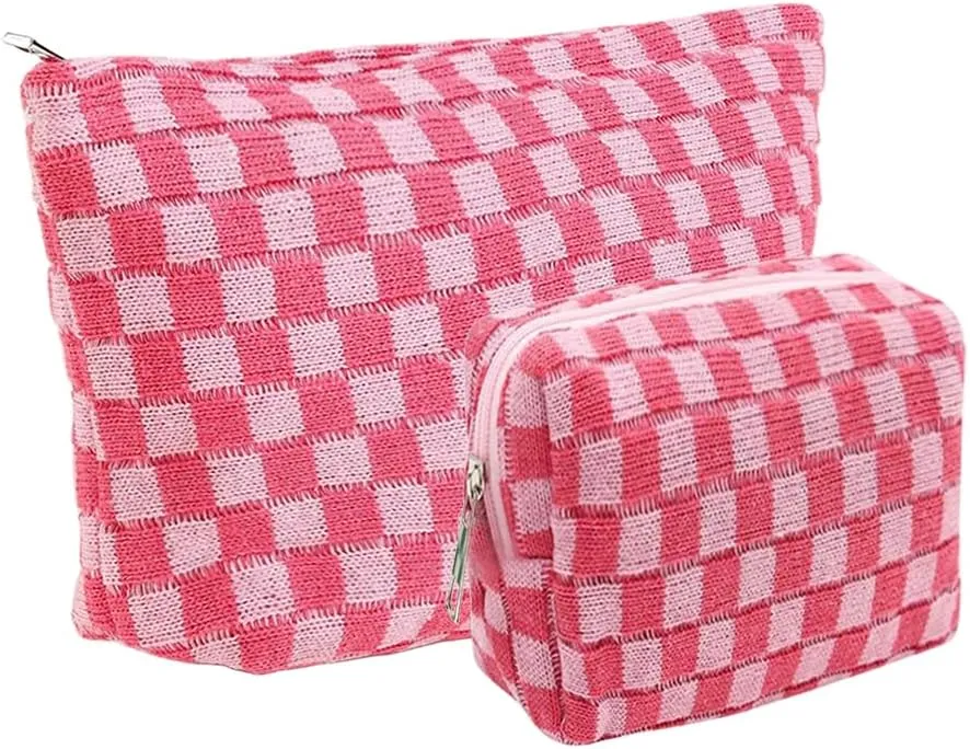 2 Pieces Makeup Bag Set, Small Pink Checkered Cosmetic Bag Travel Toiletry Organizer Mini Cosmetic Pouch Case Makeup Brushes Cute Quilted Aesthetic Accessories Storage Bag for Women