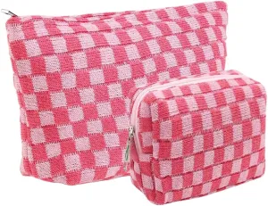 2 Pieces Makeup Bag Set, Small Pink Checkered Cosmetic Bag Travel Toiletry Organizer Mini Cosmetic Pouch Case Makeup Brushes Cute Quilted Aesthetic Accessories Storage Bag for Women