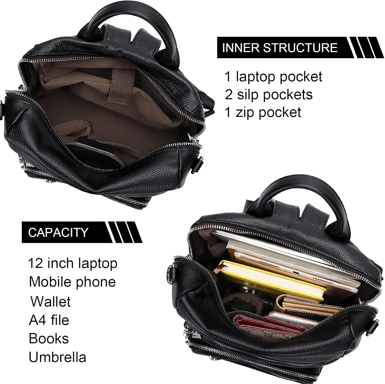 ALTOSY Genuine Leather Backpack Purse for Women Large Shoulder Bag With Laptop Compartment Multiple Pockets(S106 Black)