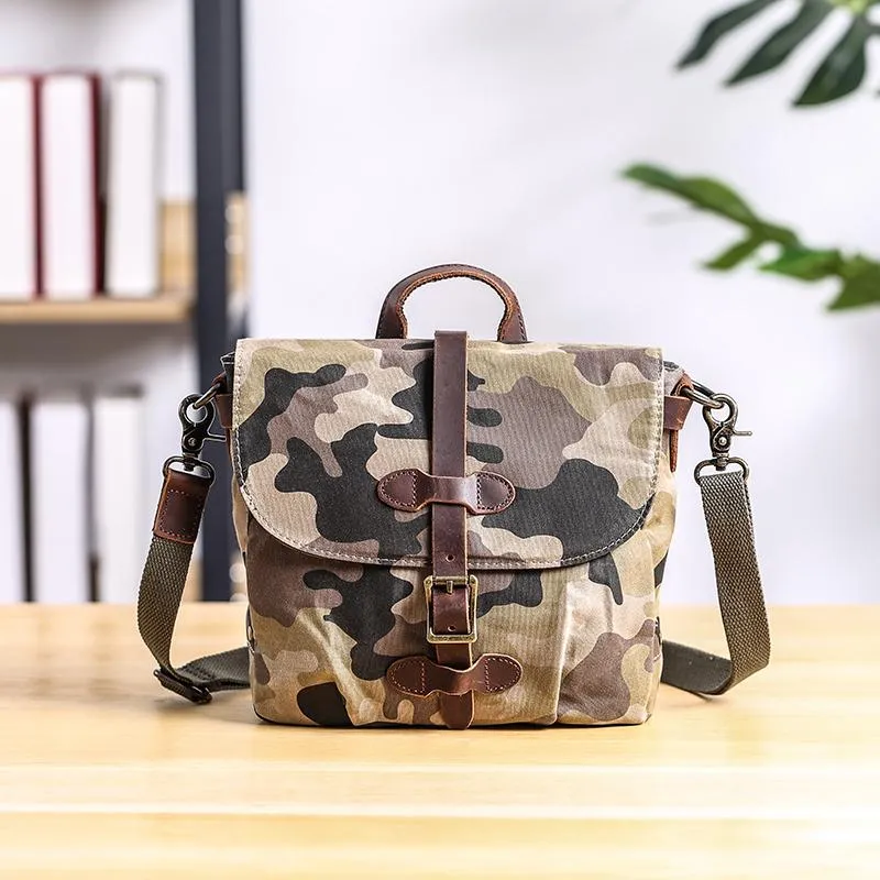 Camouflage Waxed Canvas Leather Mens Waterproof Side Bag Postman Bag Messenger Bag for Men