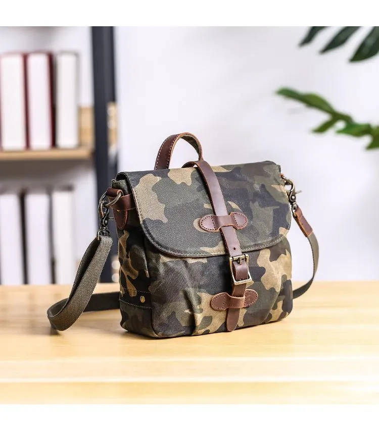 Camouflage Waxed Canvas Leather Mens Waterproof Side Bag Postman Bag Messenger Bag for Men