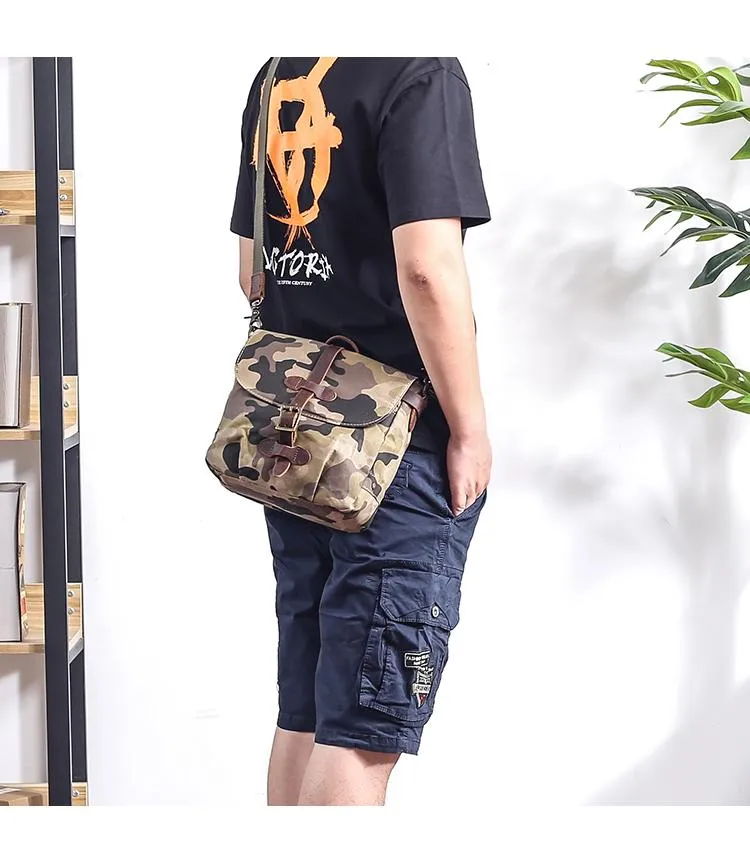 Camouflage Waxed Canvas Leather Mens Waterproof Side Bag Postman Bag Messenger Bag for Men