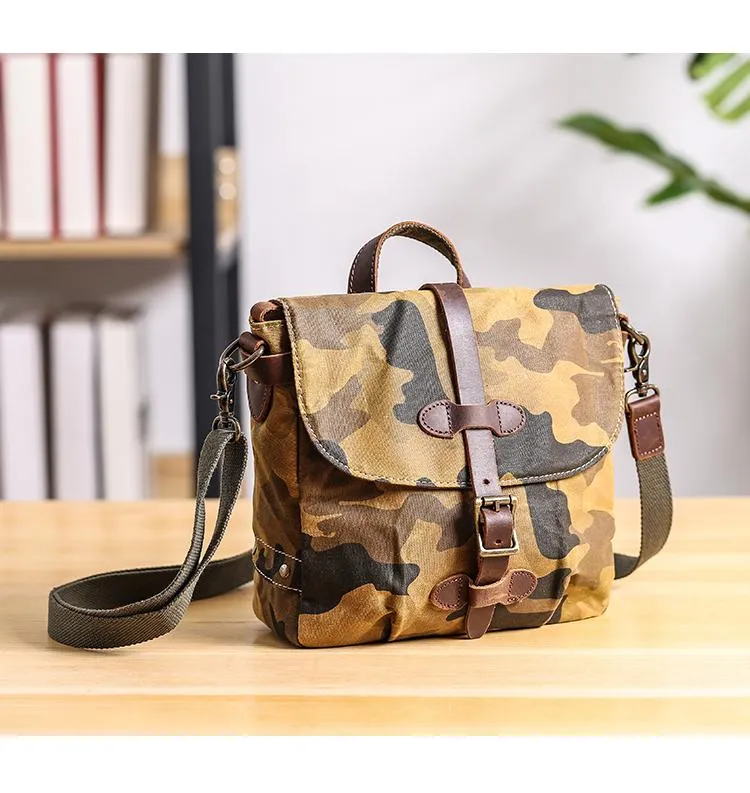 Camouflage Waxed Canvas Leather Mens Waterproof Side Bag Postman Bag Messenger Bag for Men
