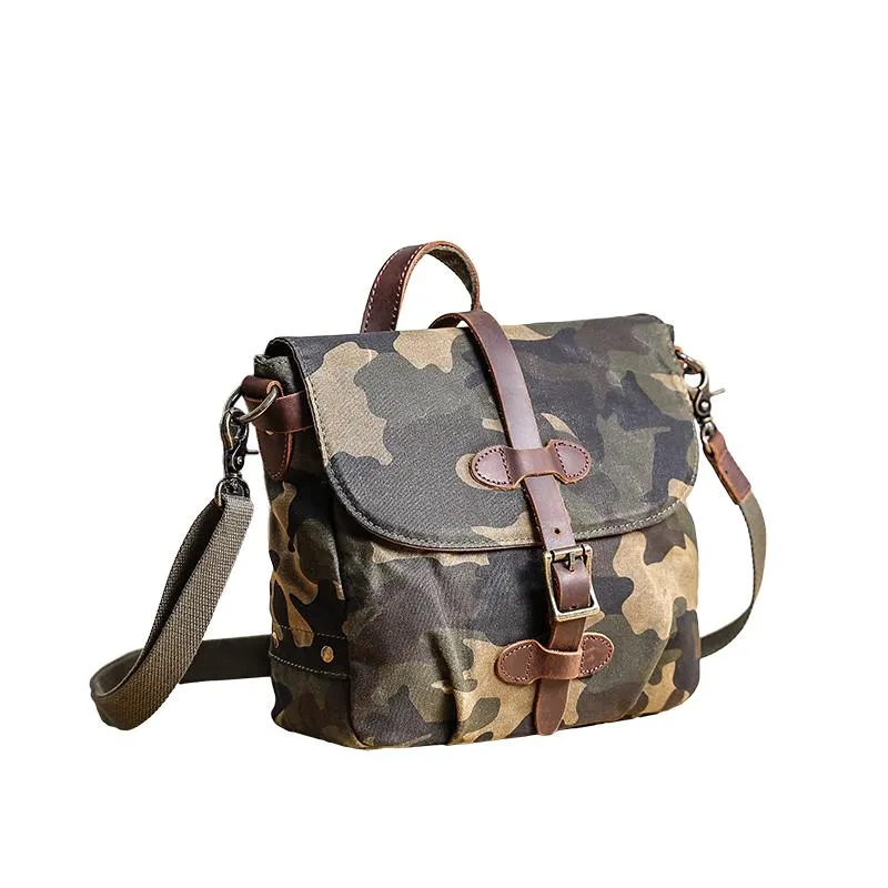 Camouflage Waxed Canvas Leather Mens Waterproof Side Bag Postman Bag Messenger Bag for Men