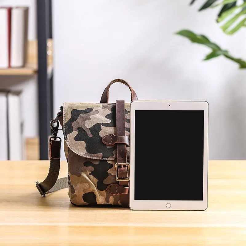 Camouflage Waxed Canvas Leather Mens Waterproof Side Bag Postman Bag Messenger Bag for Men
