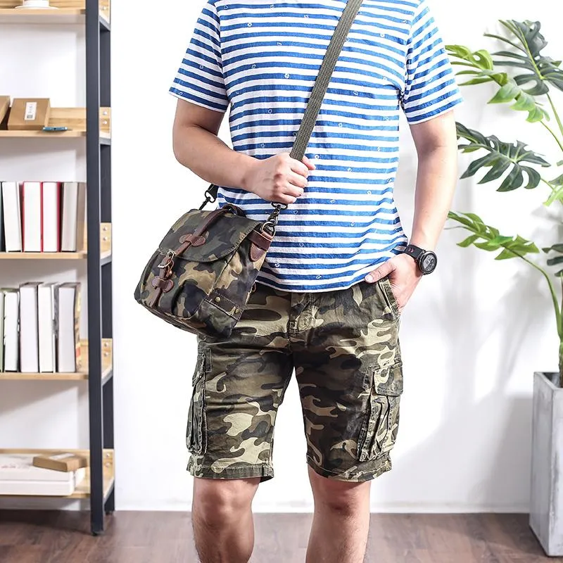 Camouflage Waxed Canvas Leather Mens Waterproof Side Bag Postman Bag Messenger Bag for Men