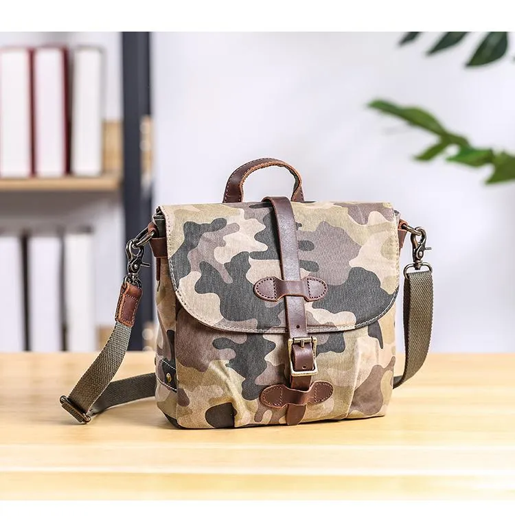Camouflage Waxed Canvas Leather Mens Waterproof Side Bag Postman Bag Messenger Bag for Men