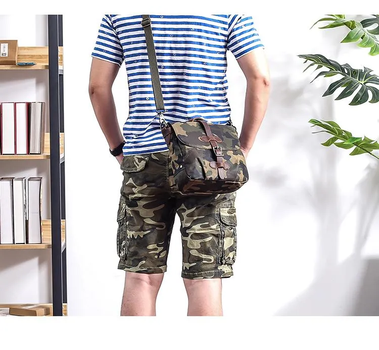 Camouflage Waxed Canvas Leather Mens Waterproof Side Bag Postman Bag Messenger Bag for Men