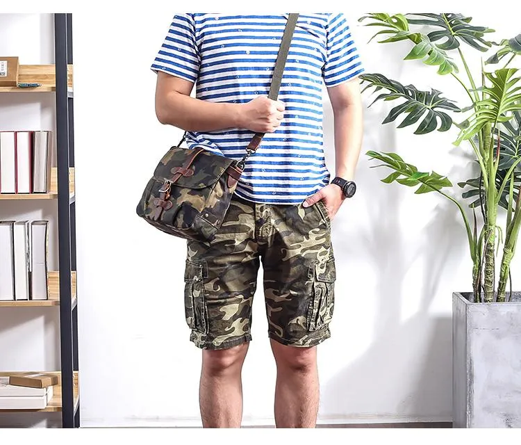 Camouflage Waxed Canvas Leather Mens Waterproof Side Bag Postman Bag Messenger Bag for Men