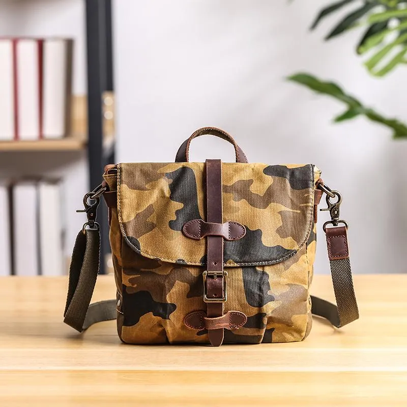 Camouflage Waxed Canvas Leather Mens Waterproof Side Bag Postman Bag Messenger Bag for Men