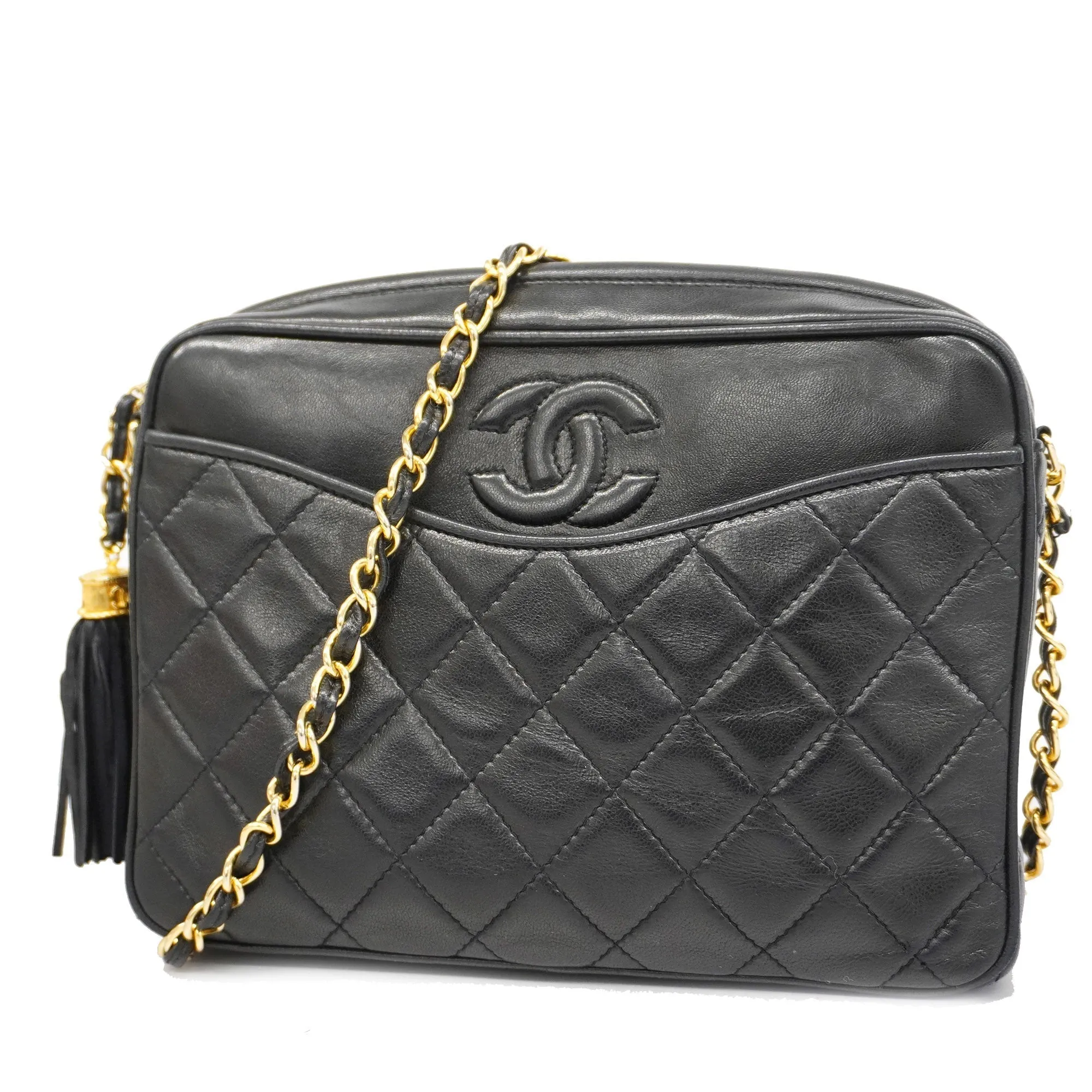 Chanel[3bd5058]   Shoulder Bag Matelasse Chain Shoulder with Fringe Lambskin Black Gold metal