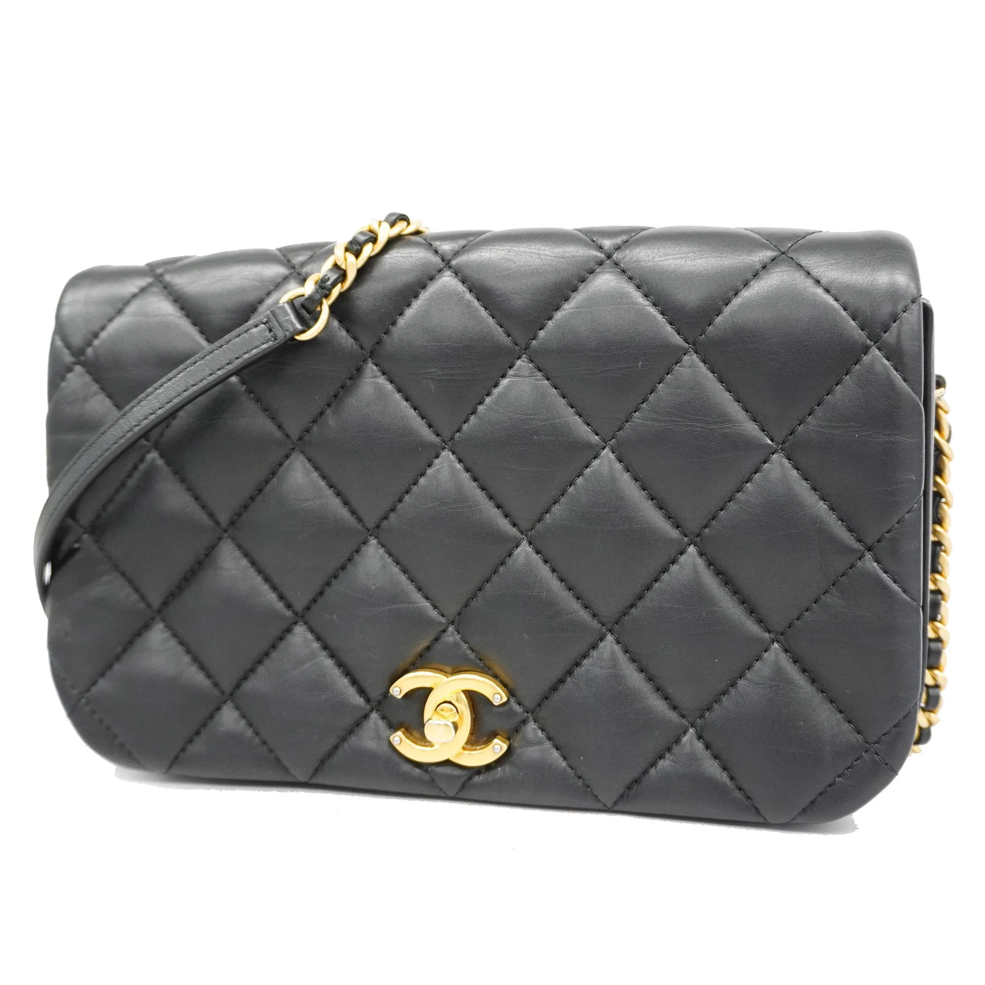 Chanel[3ca0444]   Shoulder Bag Matelasse Chain Shoulder Lambskin Black Gold metal