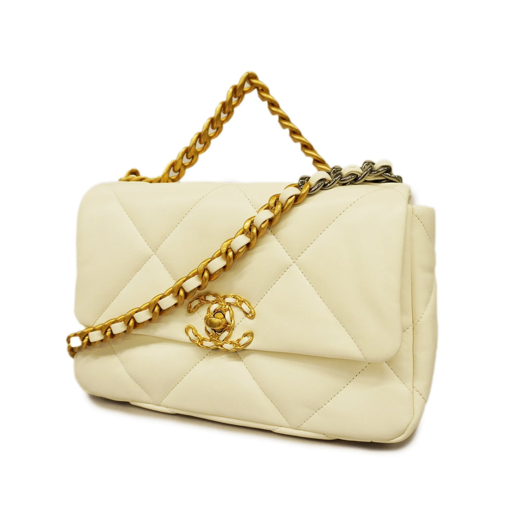 CHANELAuth  1.9 Chain Shoulder Women's Leather Shoulder Bag White