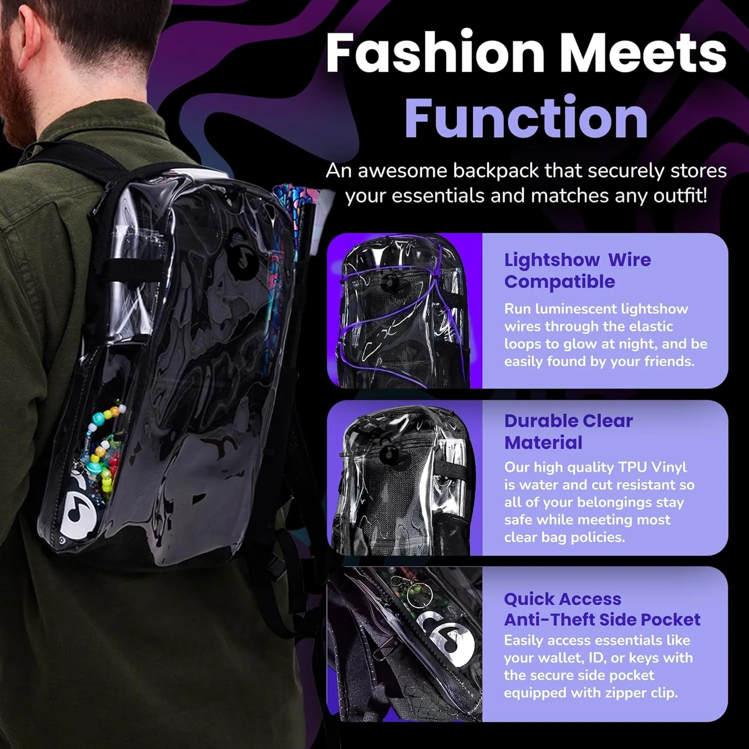 Clear Lite Pack – Anti Theft Clear Bag for Stadium Events with Locking Zippers Protects Items at Festivals, Concerts, and Traveling. Backpack is Compliant with Most Venue Bag Policies