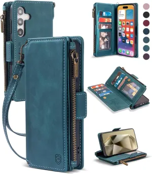 for Samsung Galaxy S24 5G Wallet Case with RFID Blocking Credit Card Holder,PU Leather Flip Lanyard Strap Wristlet Zipper Women Men for Samsung Galaxy S24 5G Green