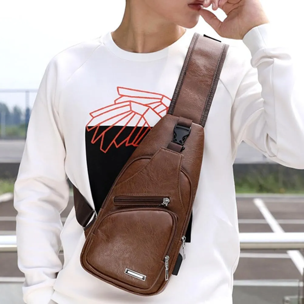 Leather Sling Bag for Mens,Crossbody Backpack with USB Charging Port for Men Travel Outdoor Sports