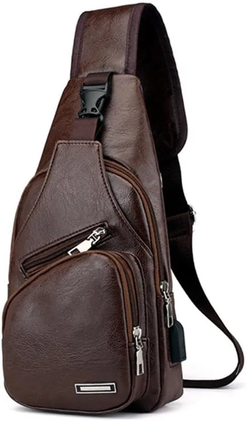 Leather Sling Bag for Mens,Crossbody Backpack with USB Charging Port for Men Travel Outdoor Sports