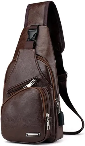 Leather Sling Bag for Mens,Crossbody Backpack with USB Charging Port for Men Travel Outdoor Sports
