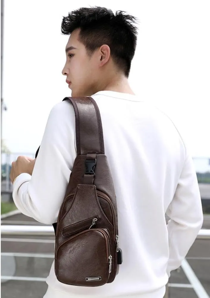 Leather Sling Bag for Mens,Crossbody Backpack with USB Charging Port for Men Travel Outdoor Sports