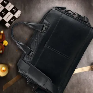Luxury Corporate Diwali Gift - Fortune Series - Leather Portfolio Bag for Men | Single Zipper Laptop Bag | Genuine Leather | Color:  Black