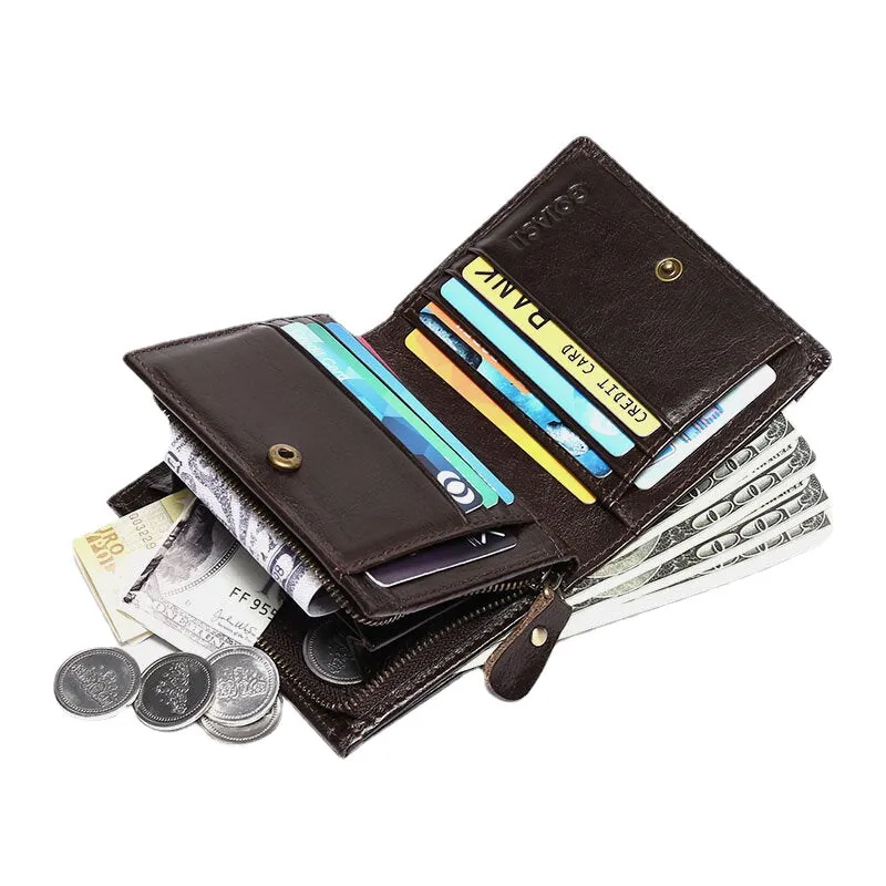 Men Genuine Leather Vintage Multi-Card Slots RFID Anti-Theft Short Money Clip Card Holder Wallet Coin Purse