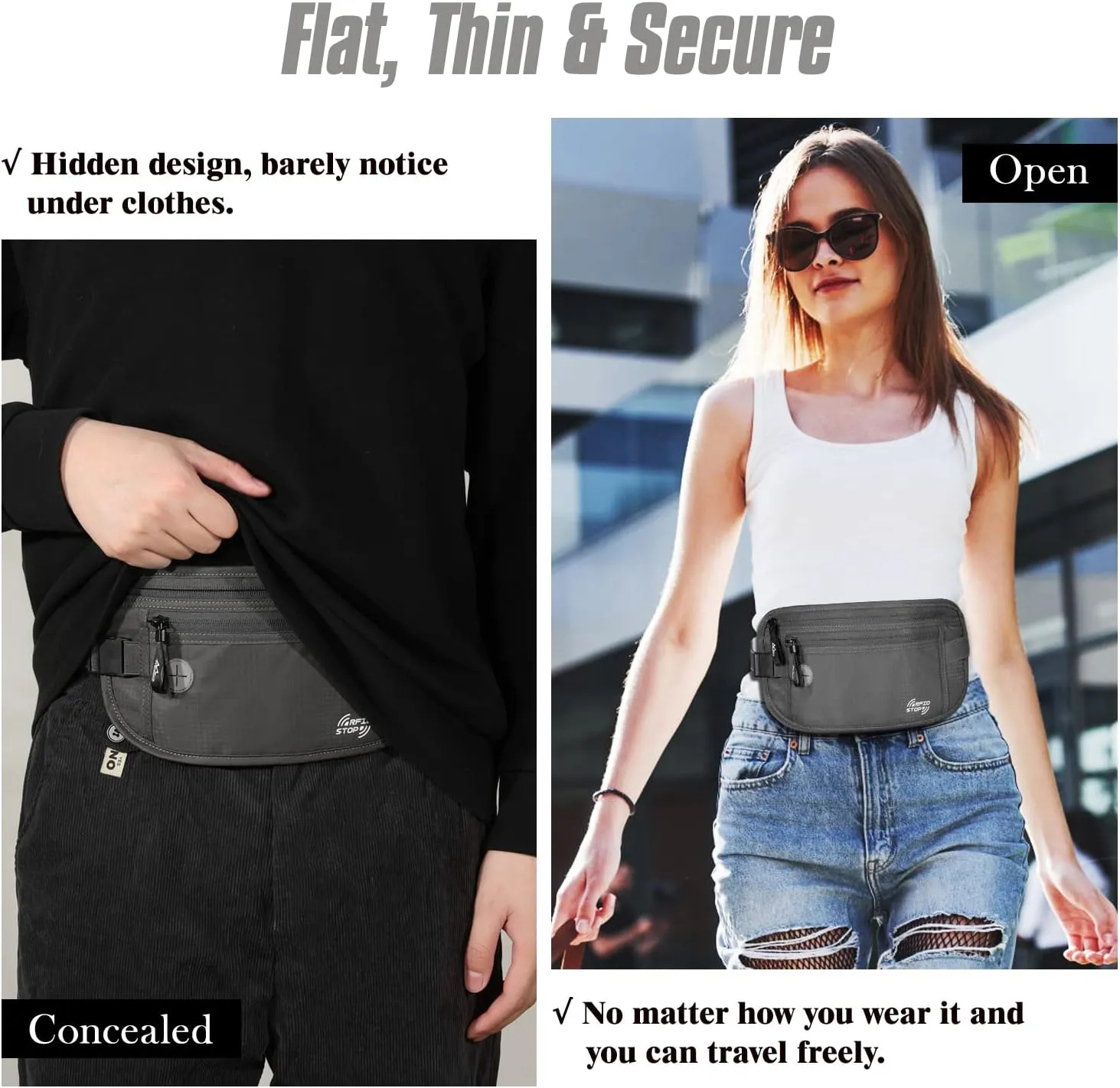 MoKo Secure Travel Money Belt, Undercover Hidden RFID Blocking Travel Wallet, Anti-Theft Passport Wallets for Men Women