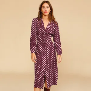 Polka Dot Long Sleeve Pearl Button V Neck Midi Dress - Burgundy