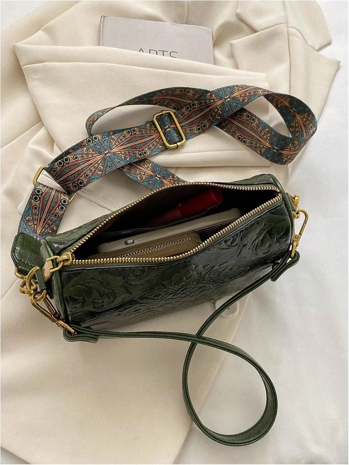 QWINEE Women's Western Purse Floral Shoulder Bag Zipper Leather Crossbody Bag Vintage Hobo Square Purse