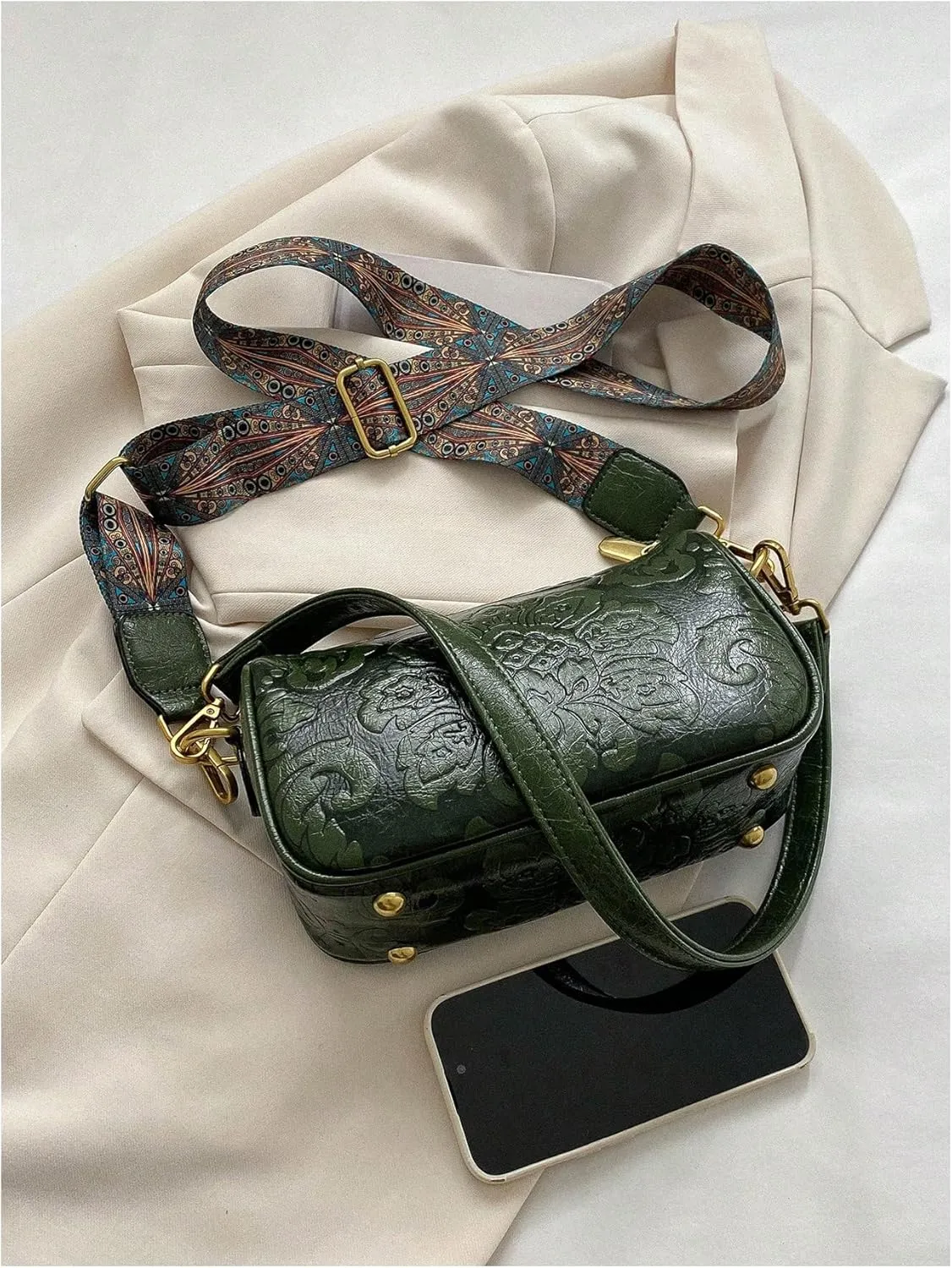 QWINEE Women's Western Purse Floral Shoulder Bag Zipper Leather Crossbody Bag Vintage Hobo Square Purse