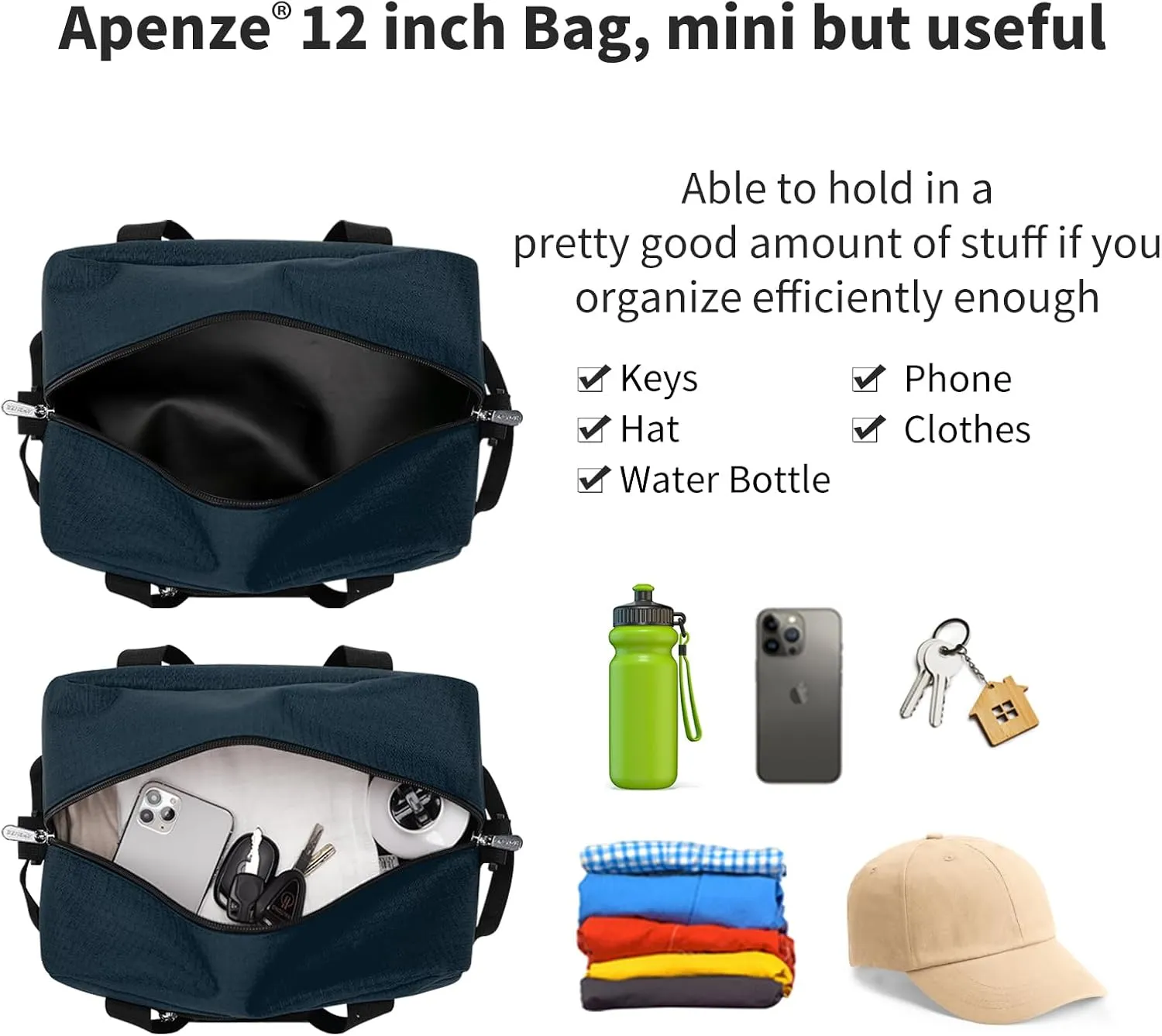 Small Gym Bag Carry On Bag - 12 in Mini Duffle Bag Lightweight for Overnight TravelNavy Blue