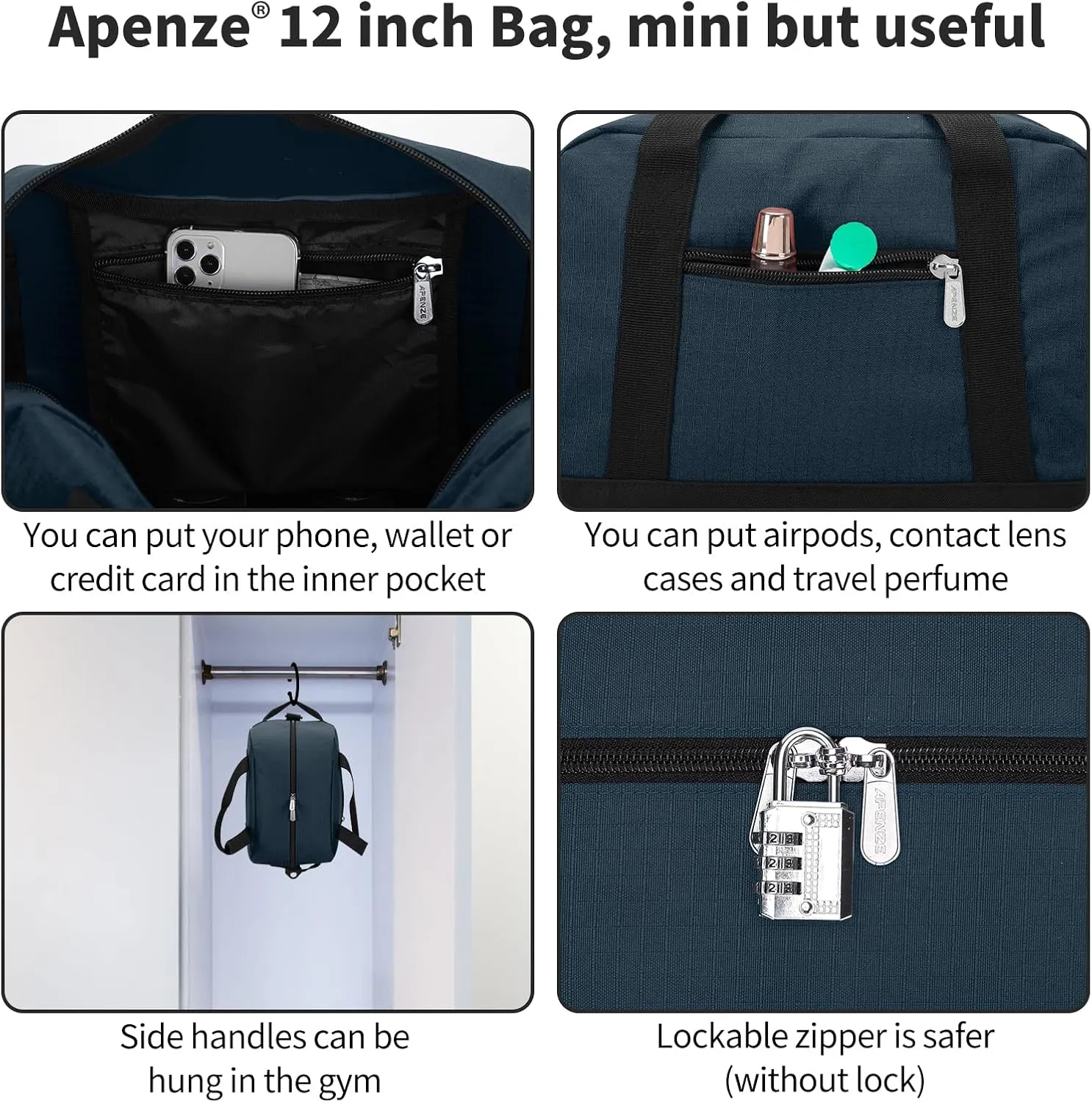 Small Gym Bag Carry On Bag - 12 in Mini Duffle Bag Lightweight for Overnight TravelNavy Blue