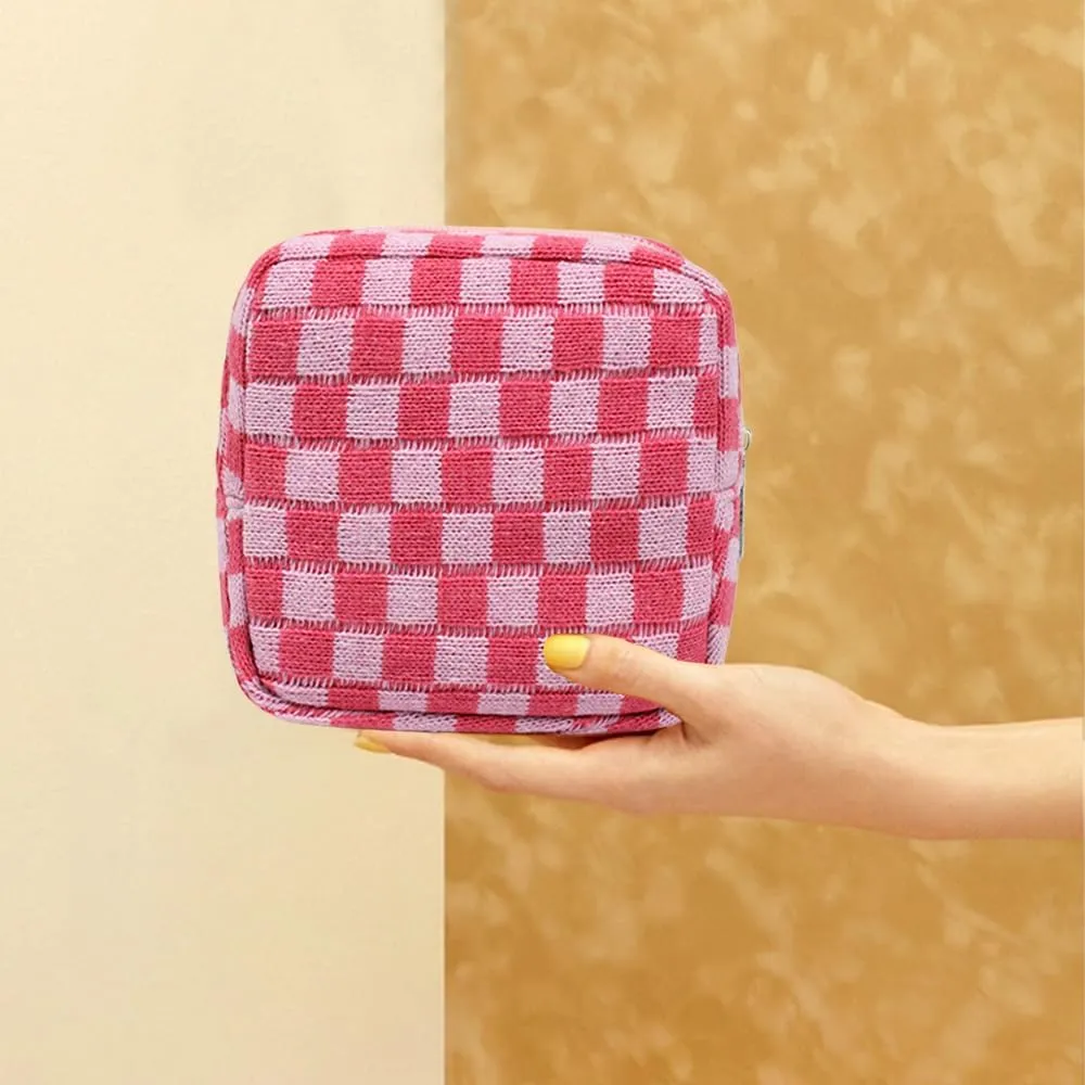 Small Pink Makeup Bag for Purse, Mini Checkered Cosmetic Bag Zipper Cute Make Up Pouch Travel Toiletry Case Quilted Aesthetic Accessories Makeup Storage Bag Organizer for Women Girls