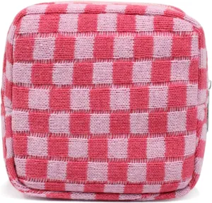 Small Pink Makeup Bag for Purse, Mini Checkered Cosmetic Bag Zipper Cute Make Up Pouch Travel Toiletry Case Quilted Aesthetic Accessories Makeup Storage Bag Organizer for Women Girls