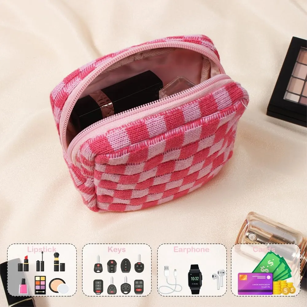 Small Pink Makeup Bag for Purse, Mini Checkered Cosmetic Bag Zipper Cute Make Up Pouch Travel Toiletry Case Quilted Aesthetic Accessories Makeup Storage Bag Organizer for Women Girls