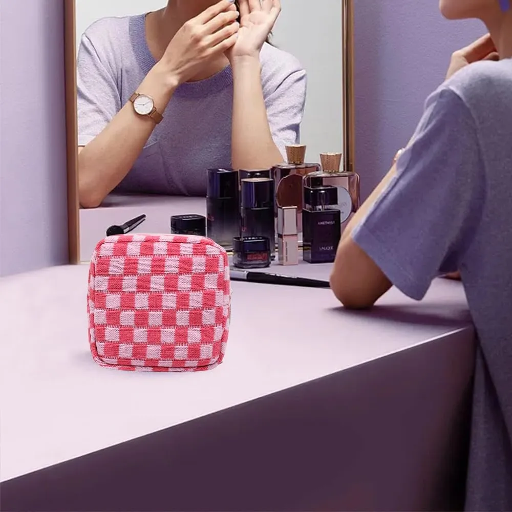 Small Pink Makeup Bag for Purse, Mini Checkered Cosmetic Bag Zipper Cute Make Up Pouch Travel Toiletry Case Quilted Aesthetic Accessories Makeup Storage Bag Organizer for Women Girls