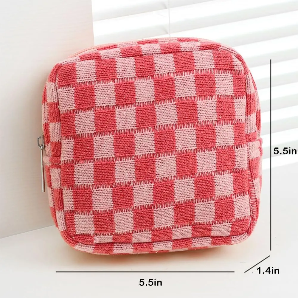 Small Pink Makeup Bag for Purse, Mini Checkered Cosmetic Bag Zipper Cute Make Up Pouch Travel Toiletry Case Quilted Aesthetic Accessories Makeup Storage Bag Organizer for Women Girls
