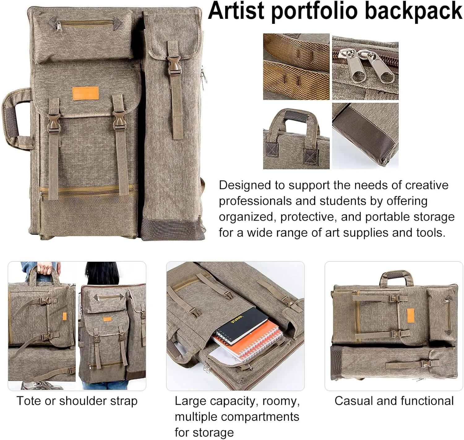TRANSON Art Portfolio Case Artist Backpack Canvas Bag Large 26 x 19.5