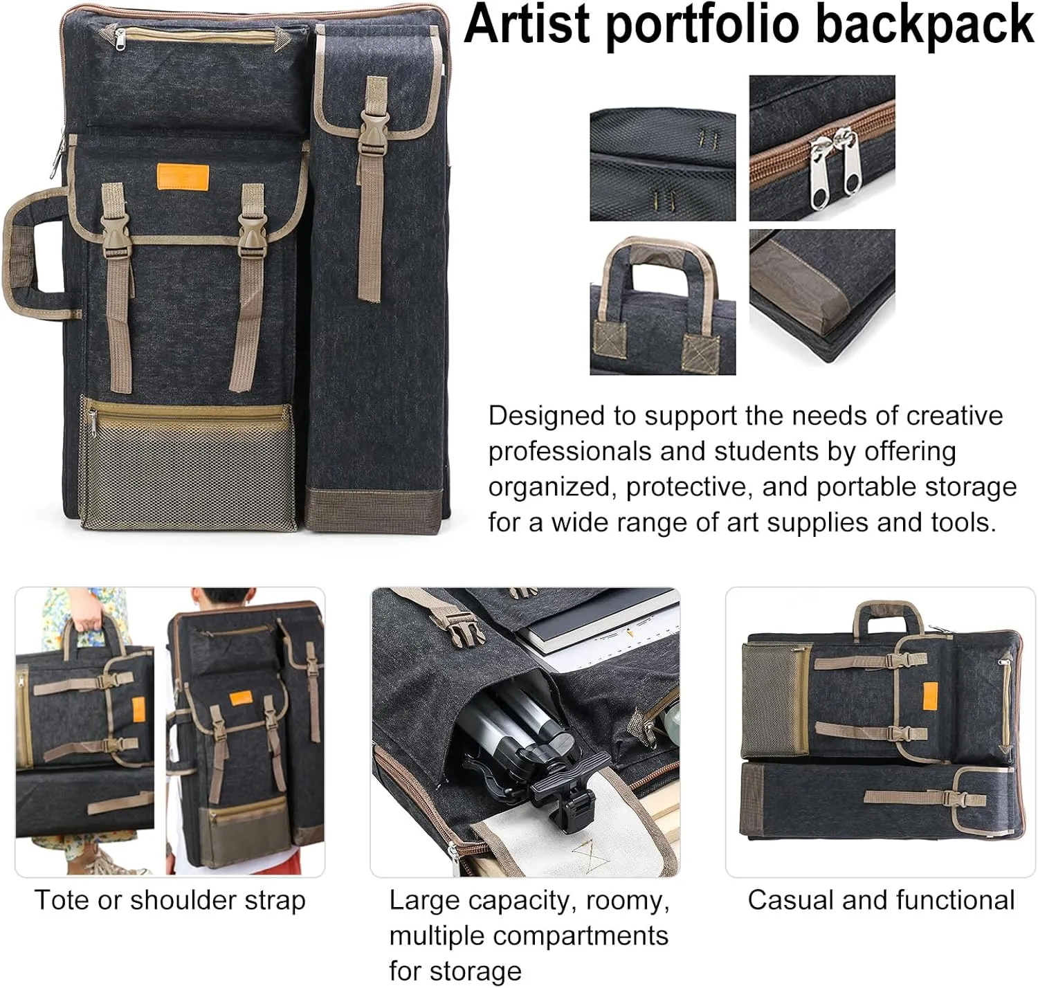 TRANSON Art Portfolio Case Artist Backpack Canvas Bag Large 26 x 19.5