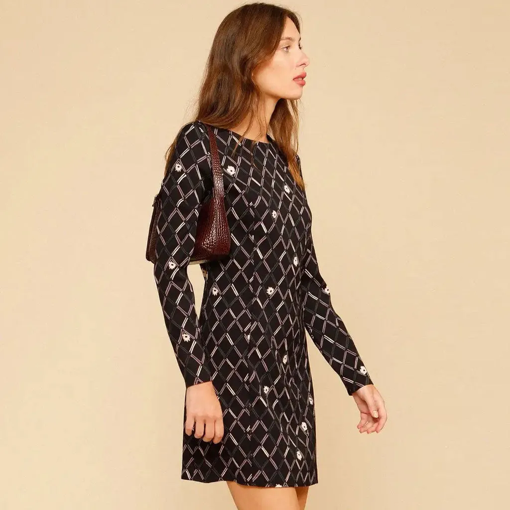 Vintage Geometric Printed Long Sleeve Scoop Neck Mini Dress - Black