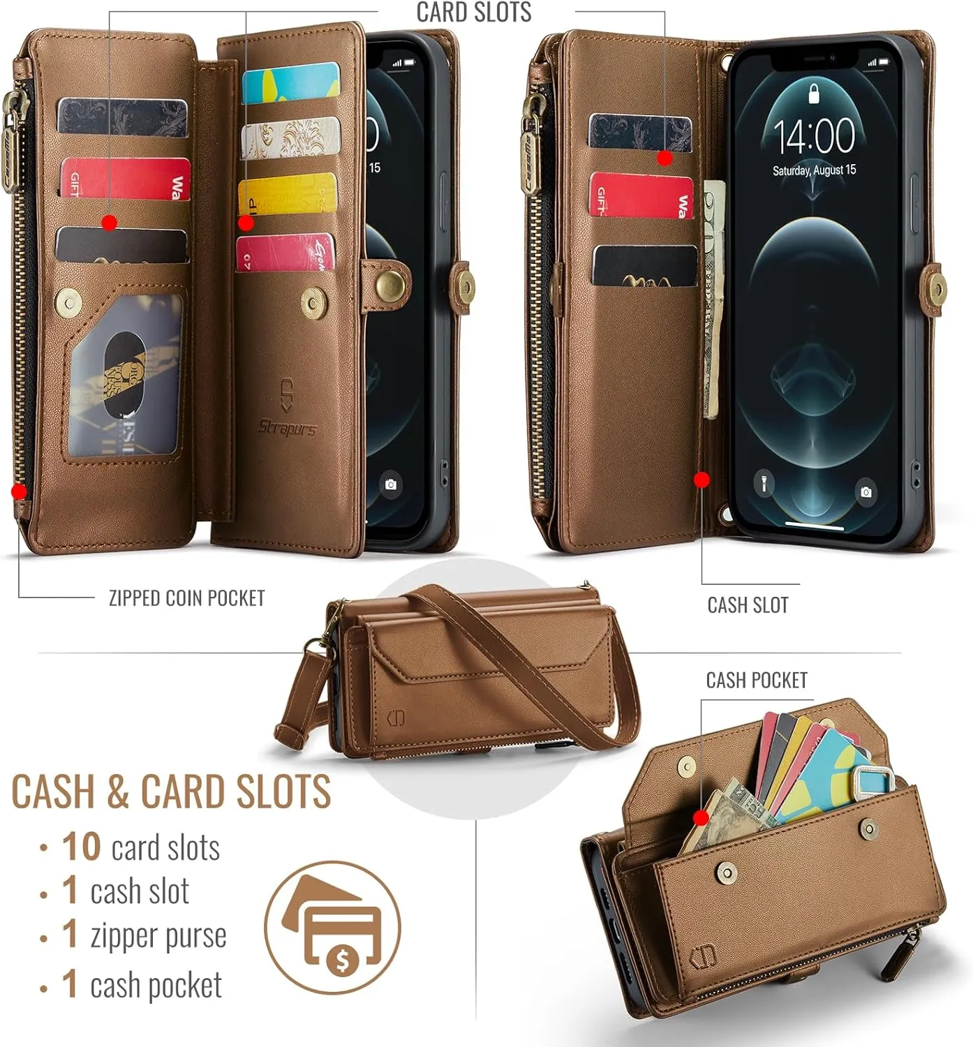 Wallet Case Compatible with iPhone 12 Pro Max RFID Blocking 10-Card Holder Soft PU Leather Magnetic Snap Shoulder Strap Zipper Pocket Phone Case Fit for iPhone 12 Pro Max - Brown