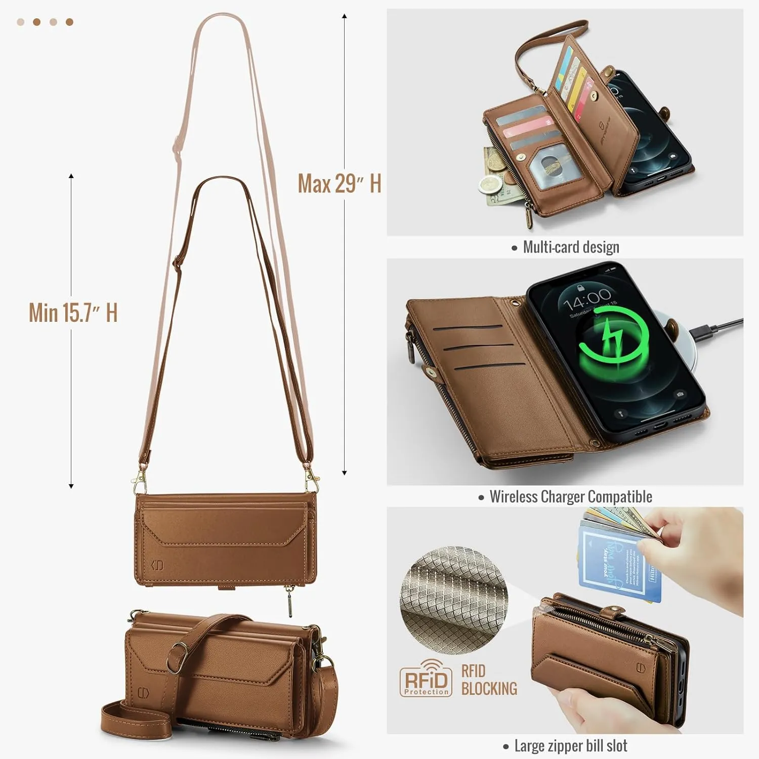 Wallet Case Compatible with iPhone 12 Pro Max RFID Blocking 10-Card Holder Soft PU Leather Magnetic Snap Shoulder Strap Zipper Pocket Phone Case Fit for iPhone 12 Pro Max - Brown