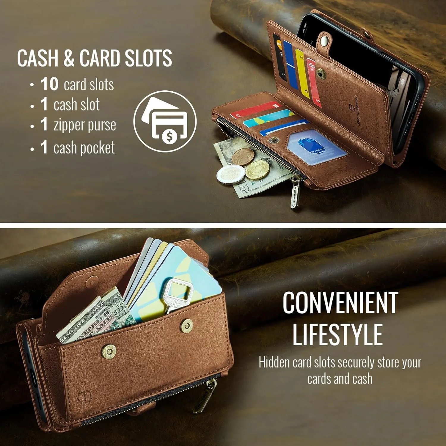 Wallet Case Compatible with iPhone 12 Pro Max RFID Blocking 10-Card Holder Soft PU Leather Magnetic Snap Shoulder Strap Zipper Pocket Phone Case Fit for iPhone 12 Pro Max - Brown