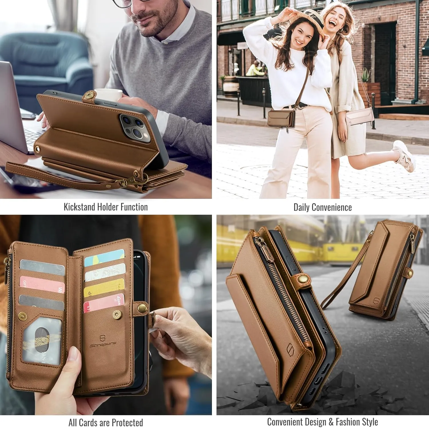 Wallet Case Compatible with iPhone 12 Pro Max RFID Blocking 10-Card Holder Soft PU Leather Magnetic Snap Shoulder Strap Zipper Pocket Phone Case Fit for iPhone 12 Pro Max - Brown