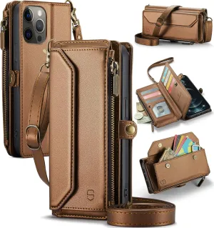 Wallet Case Compatible with iPhone 12 Pro Max RFID Blocking 10-Card Holder Soft PU Leather Magnetic Snap Shoulder Strap Zipper Pocket Phone Case Fit for iPhone 12 Pro Max - Brown