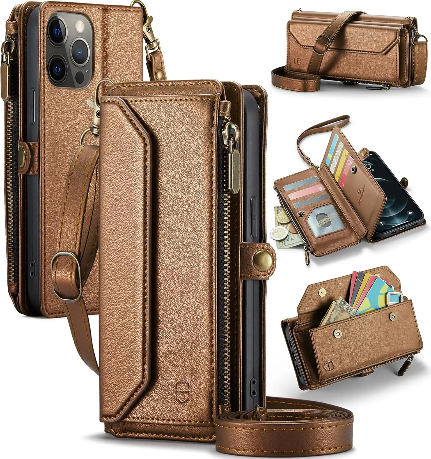 Wallet Case Compatible with iPhone 12 Pro Max RFID Blocking 10-Card Holder Soft PU Leather Magnetic Snap Shoulder Strap Zipper Pocket Phone Case Fit for iPhone 12 Pro Max - Brown
