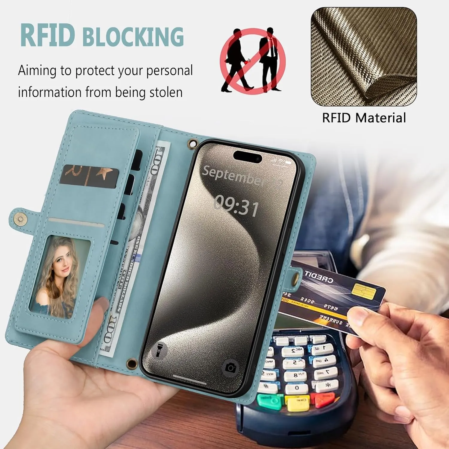Wallet Case for iPhone 15 Pro Max with Card Holder/Crossbody Wallet/Strap,[RFID Blocking][Magnetic] PU Leather Shockproof Protective Cover iPhone 15 Pro Max Phone Case,6.7 in,Blue