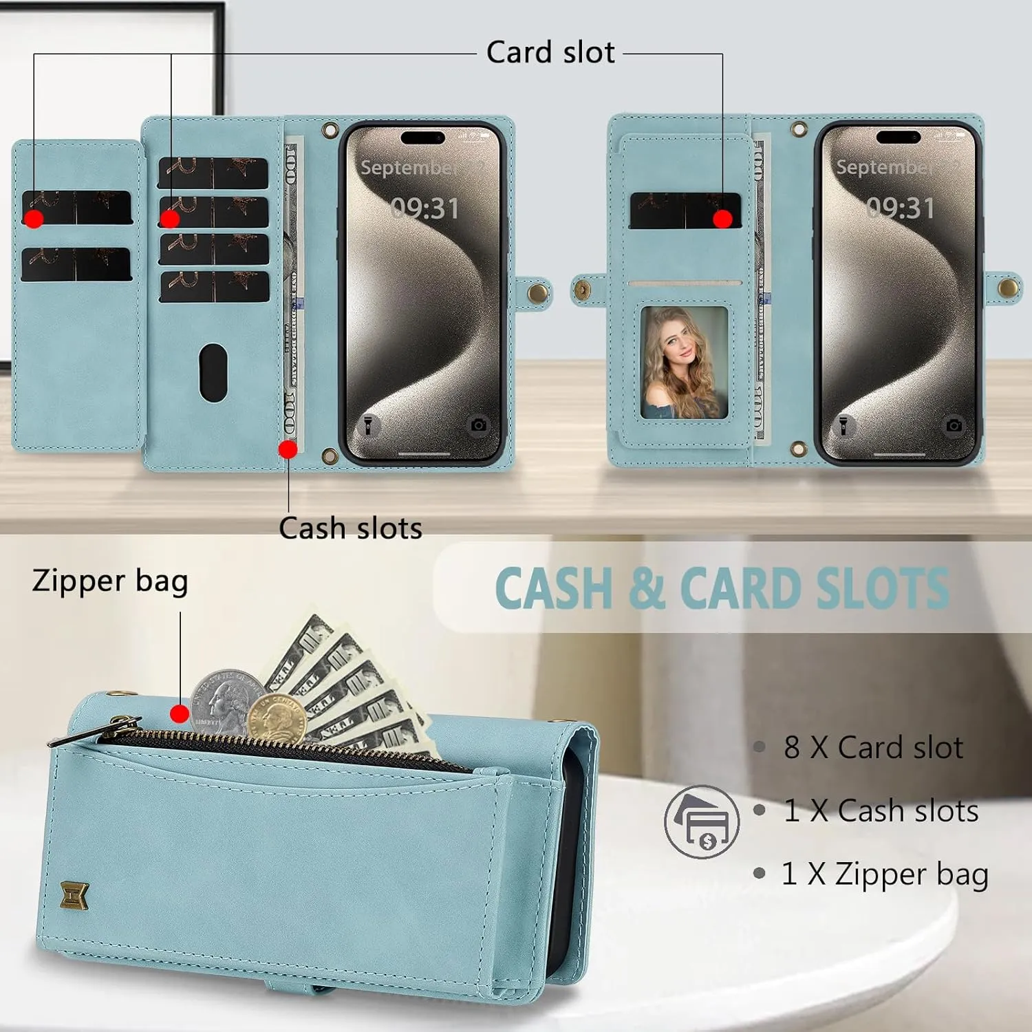 Wallet Case for iPhone 15 Pro Max with Card Holder/Crossbody Wallet/Strap,[RFID Blocking][Magnetic] PU Leather Shockproof Protective Cover iPhone 15 Pro Max Phone Case,6.7 in,Blue