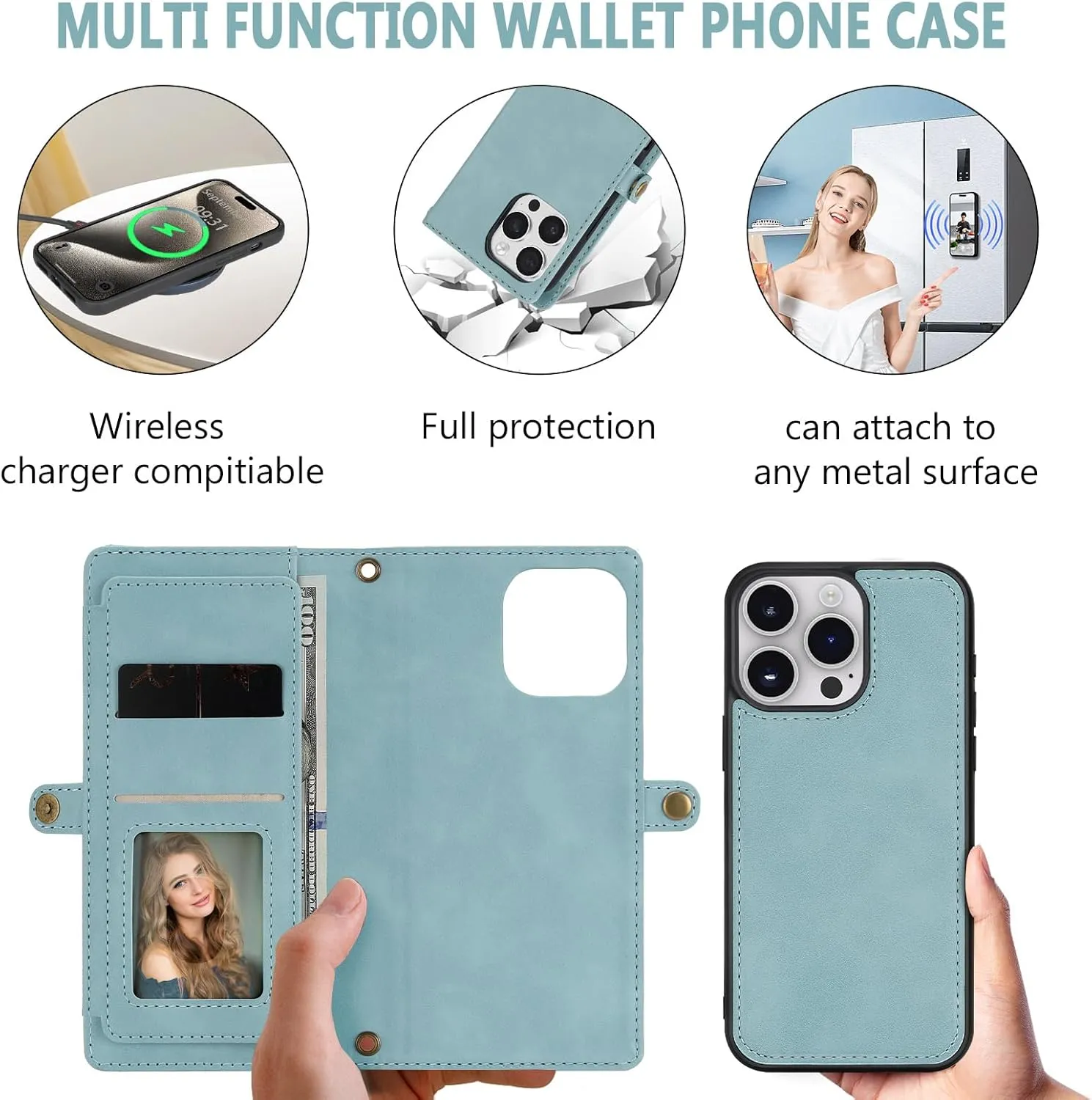 Wallet Case for iPhone 15 Pro Max with Card Holder/Crossbody Wallet/Strap,[RFID Blocking][Magnetic] PU Leather Shockproof Protective Cover iPhone 15 Pro Max Phone Case,6.7 in,Blue